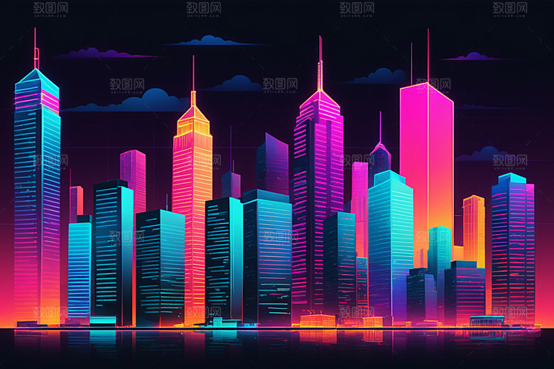 霓虹城市彩色元素插画