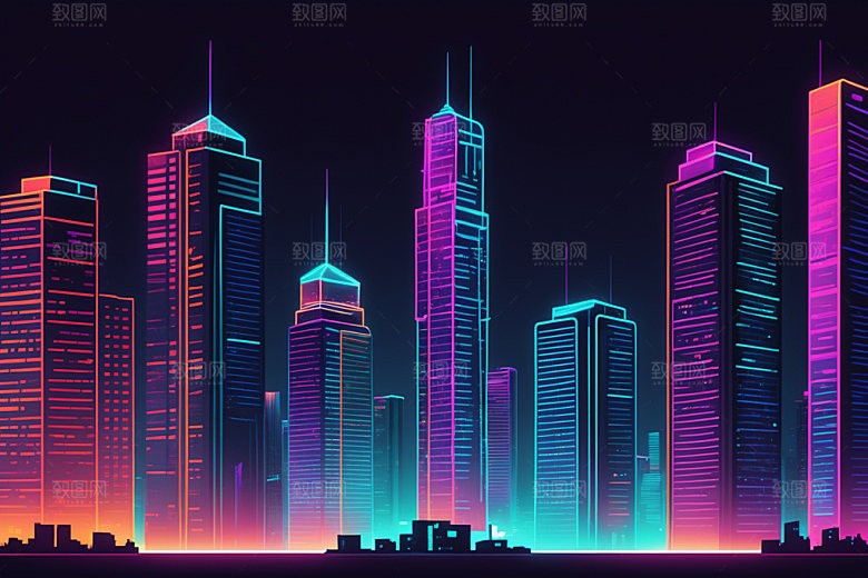 霓虹城市赛博朋克地标插画