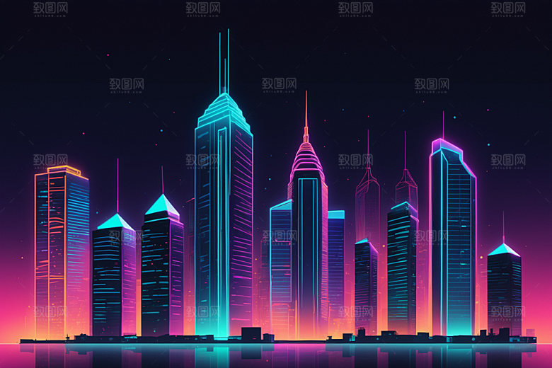 霓虹城市建筑科技感插画