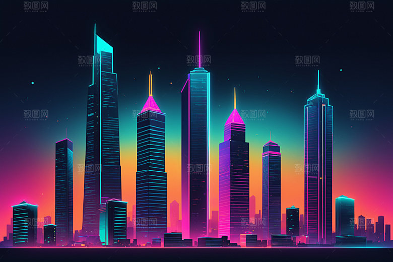 霓虹城市元素都市插画