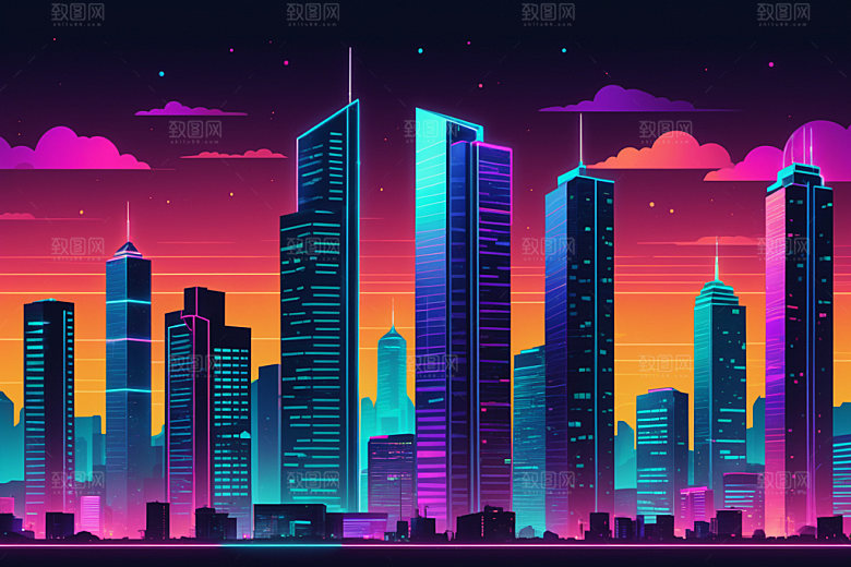 霓虹城市元素彩色插画