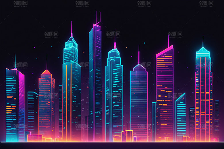 霓虹城市建筑时尚插画