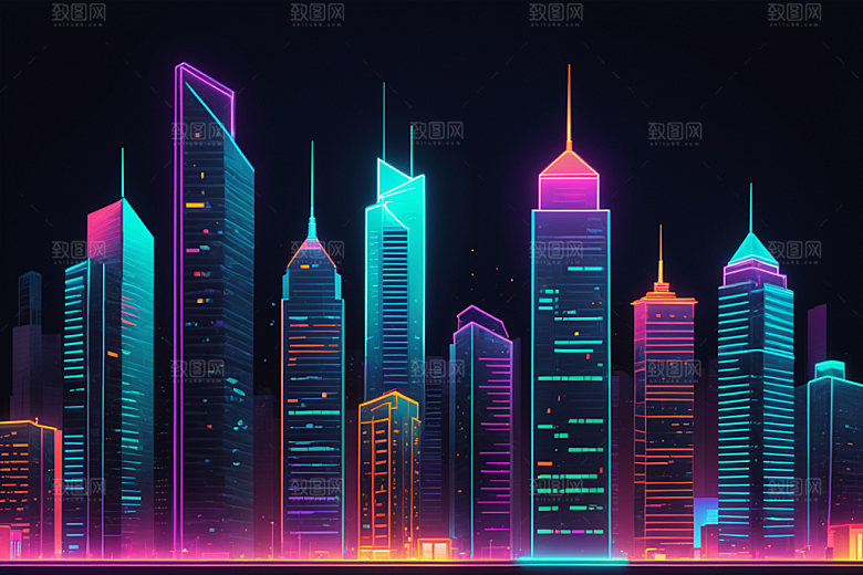 霓虹城市赛博朋克地标插画