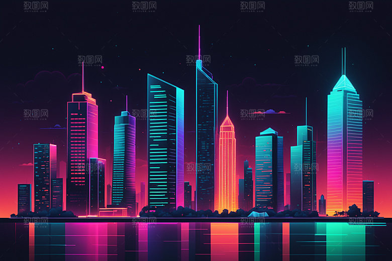 霓虹城市赛博朋克科技感插画