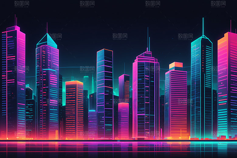 霓虹城市建筑元素插画