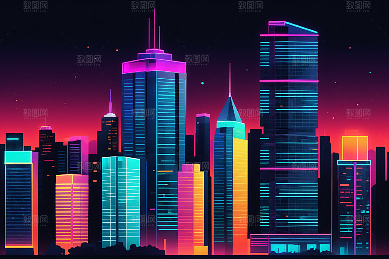 霓虹城市时尚地标插画