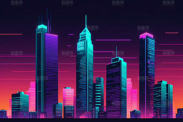 霓虹城市科技感地标插画