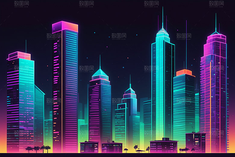 霓虹城市赛博朋克元素插画