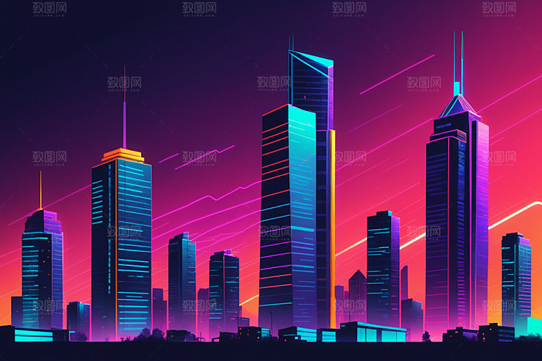 霓虹城市地标建筑插画