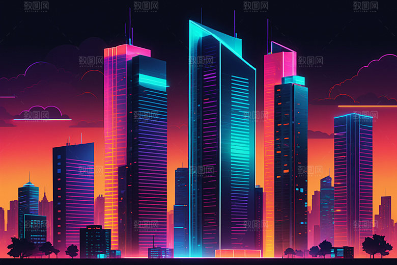 霓虹城市元素建筑插画