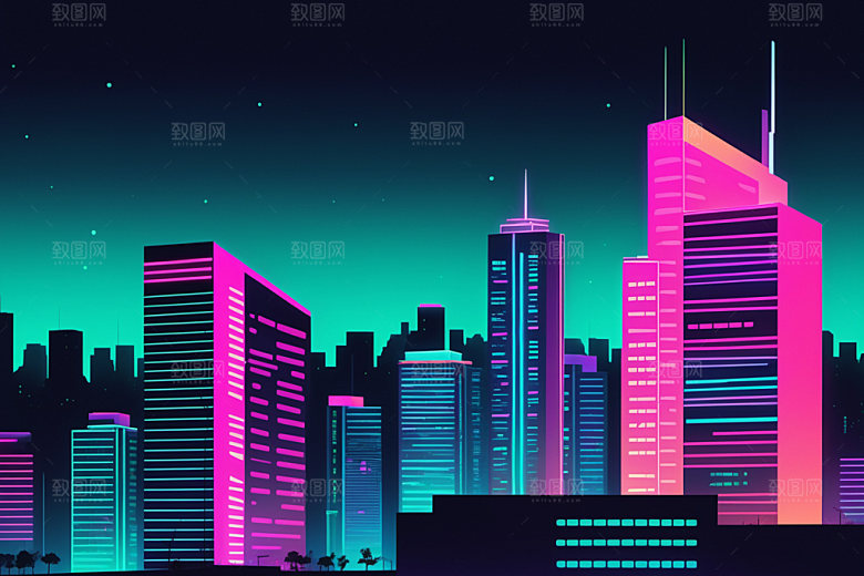 霓虹城市地标科技感插画