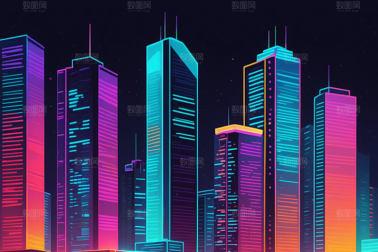 霓虹城市元素地标插画