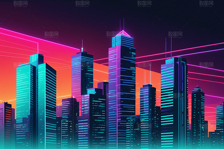 霓虹城市元素建筑插画