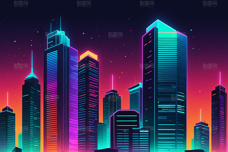 霓虹城市都市地标插画