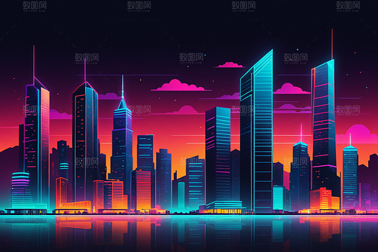 霓虹城市建筑时尚插画