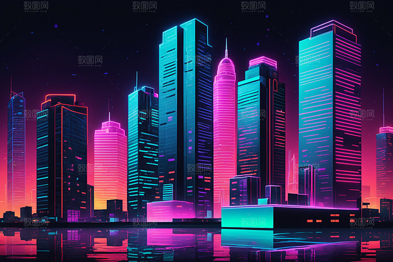 霓虹城市赛博朋克科技感插画