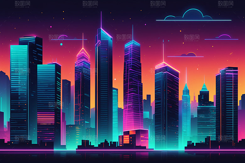霓虹城市建筑赛博朋克插画