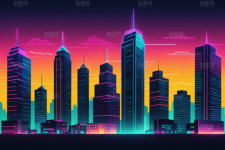 霓虹城市科技感未来插画