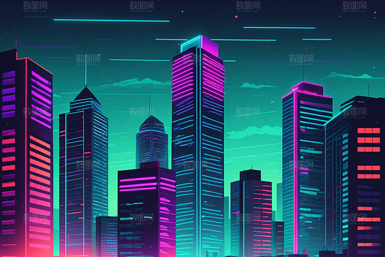 霓虹城市元素未来插画