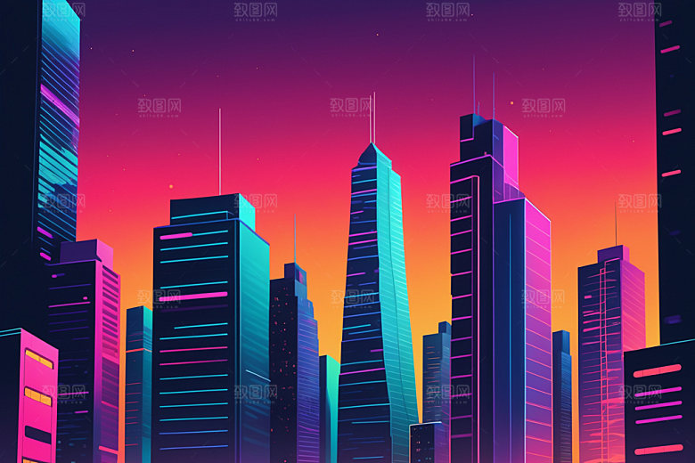 霓虹城市地标彩色插画