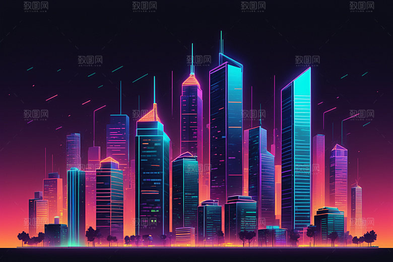 霓虹城市科技感赛博朋克插画