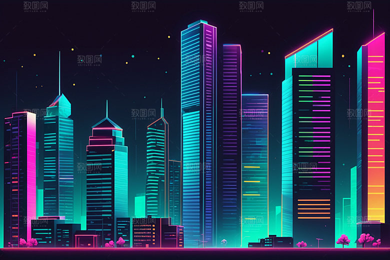 霓虹城市地标都市插画