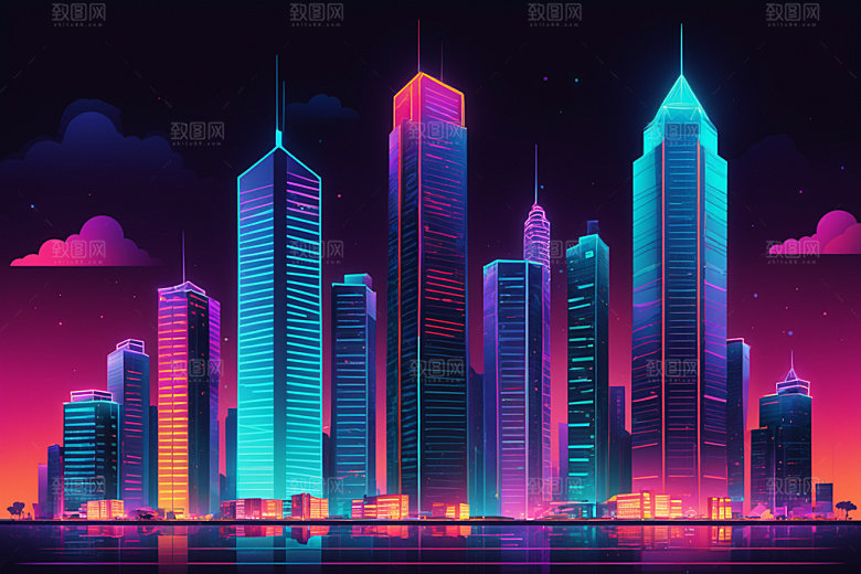 霓虹城市彩色赛博朋克插画