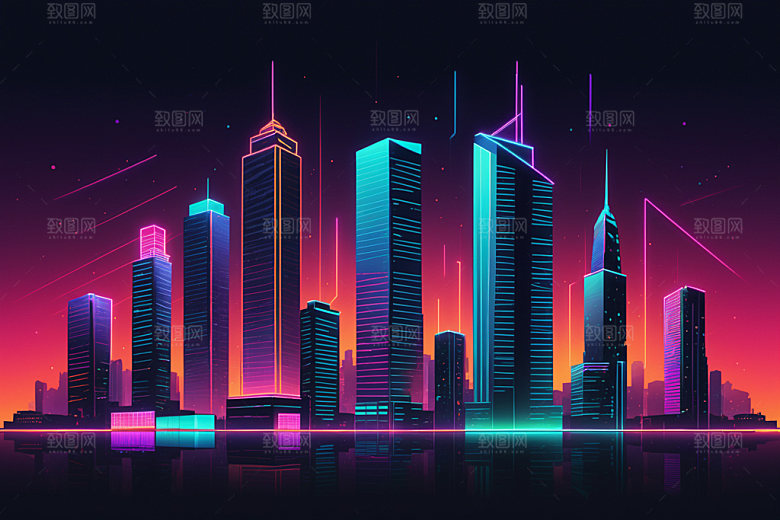 霓虹城市未来建筑插画