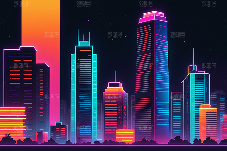 霓虹城市彩色科技感插画