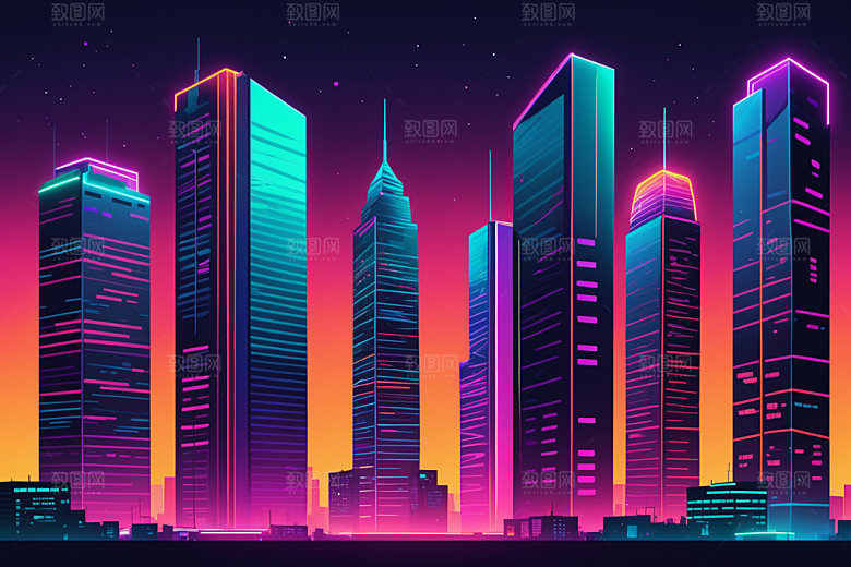 霓虹城市地标赛博朋克插画