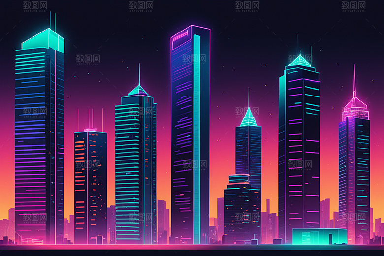 霓虹城市建筑科技感插画