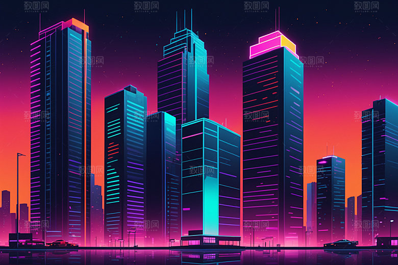 霓虹城市地标时尚插画