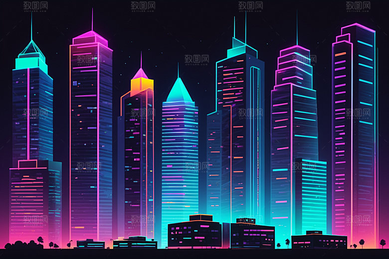 霓虹城市都市建筑插画