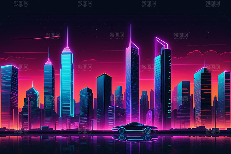 霓虹城市科技感元素插画