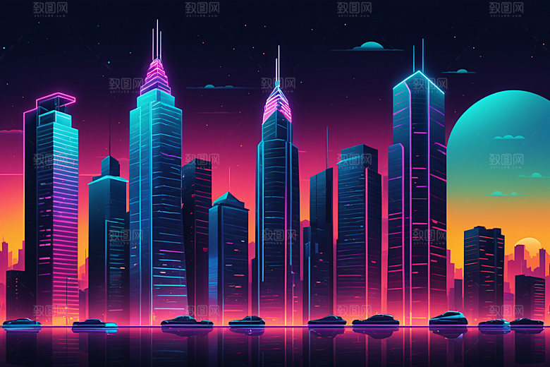 霓虹城市元素科技感插画