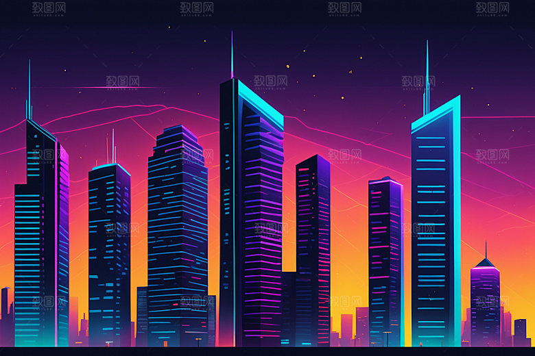 霓虹城市建筑时尚插画