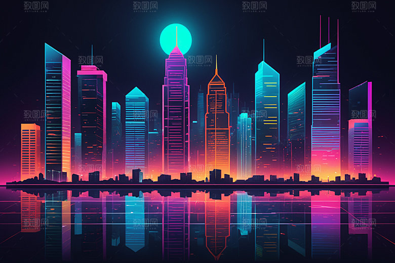 霓虹城市元素地标插画