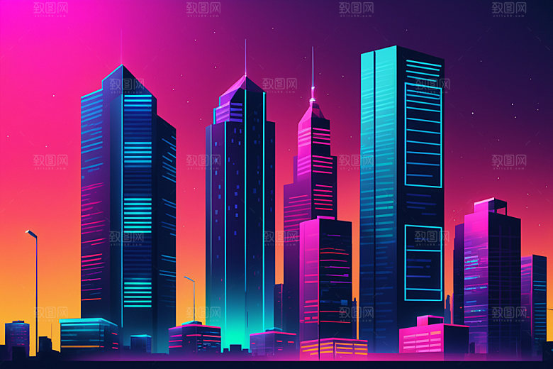 霓虹城市科技感赛博朋克插画