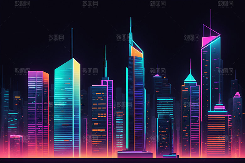 霓虹城市地标元素插画