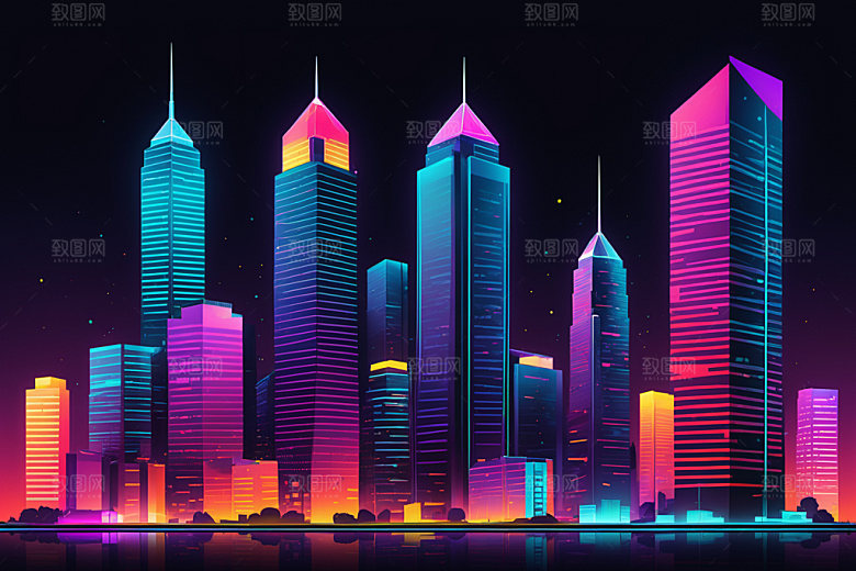 霓虹城市元素都市插画