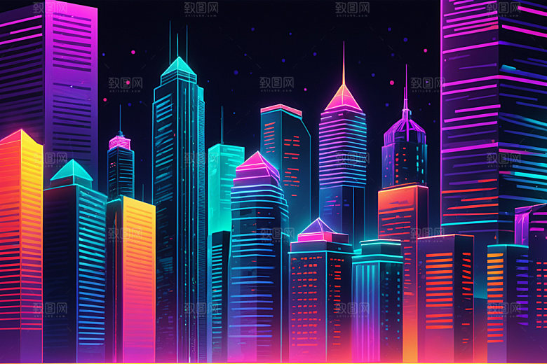 霓虹城市元素赛博朋克插画
