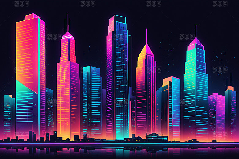 霓虹城市都市地标插画