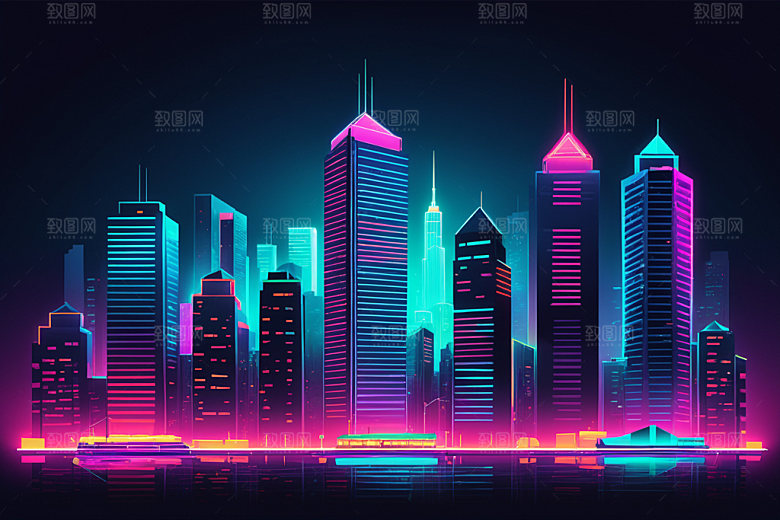霓虹城市建筑科技感插画