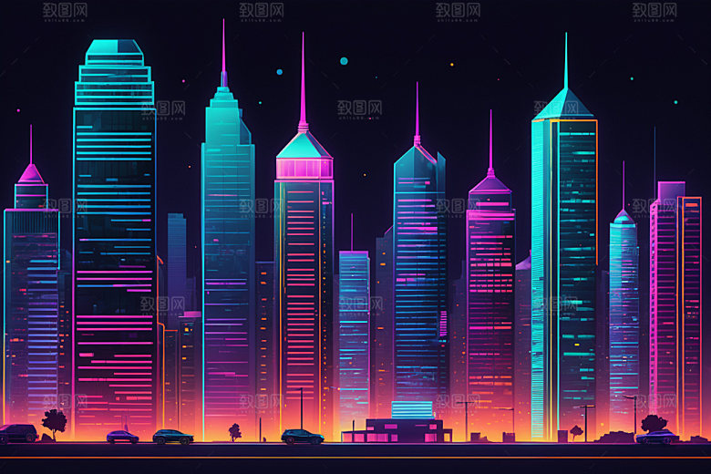 霓虹城市元素都市插画