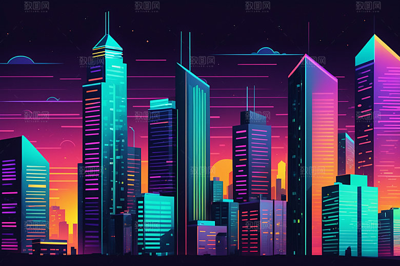霓虹城市彩色未来插画