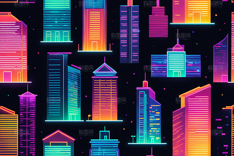 霓虹城市建筑赛博朋克插画