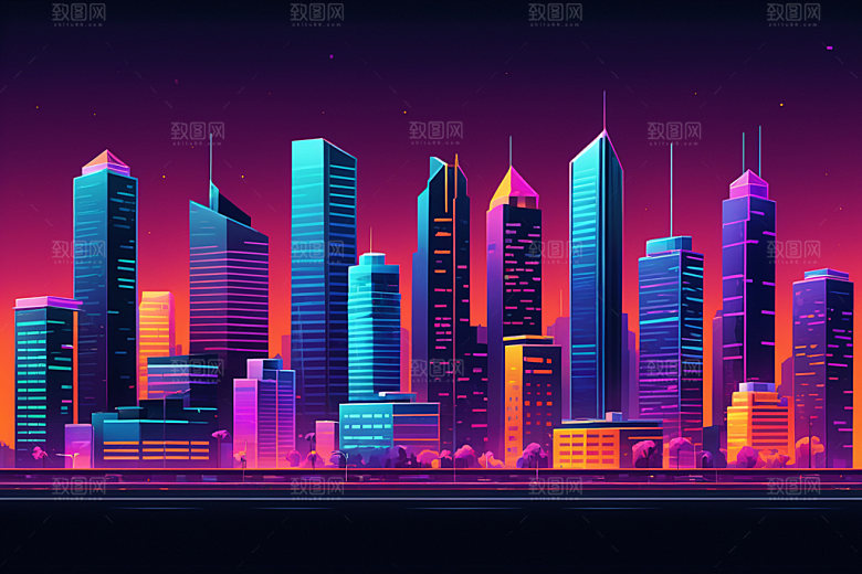 霓虹城市元素赛博朋克插画