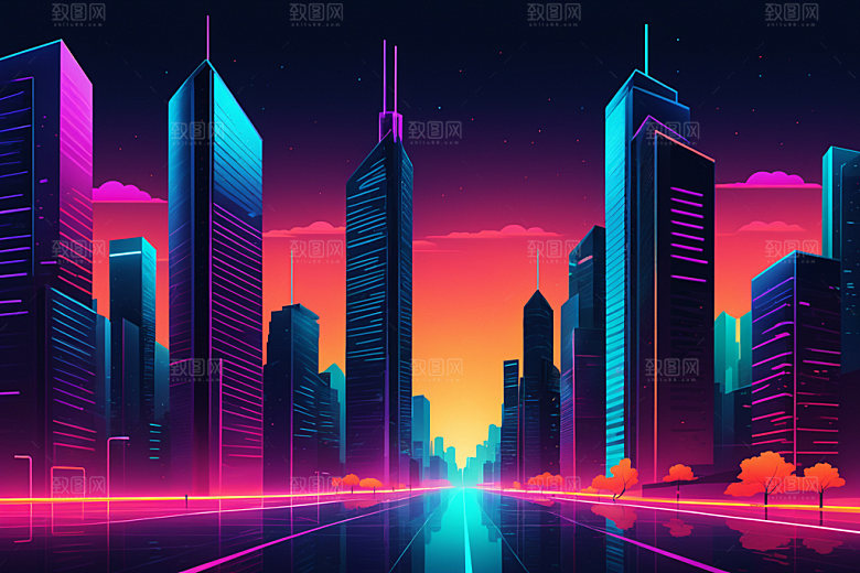 霓虹城市建筑元素插画