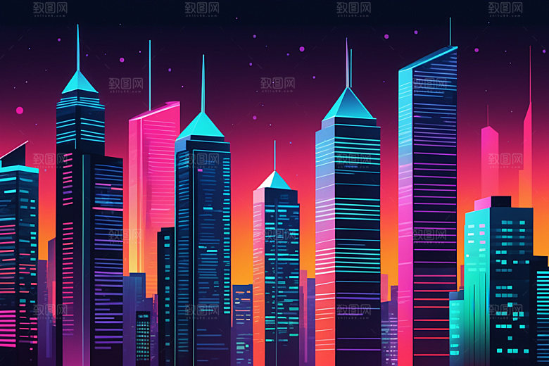霓虹城市建筑时尚插画