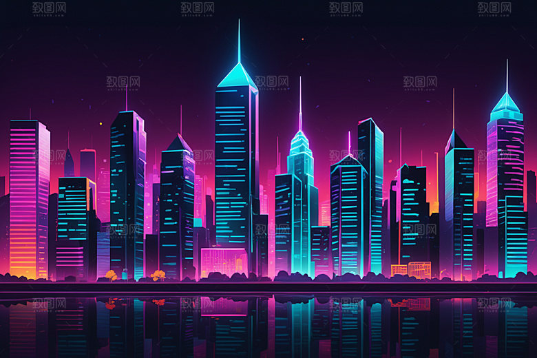 霓虹城市地标元素插画